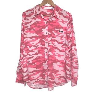 Calvin Klein Jeans  Size L Pink Camo Camp Shirt Button Up Long Sleeve Roll-Tab